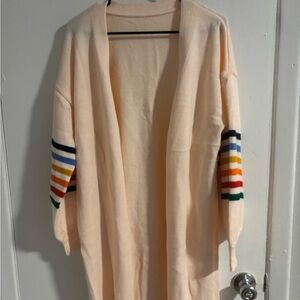 Cream Cardigan Rainbow Stripe Sleeve Long Open Front Sweater
(986)